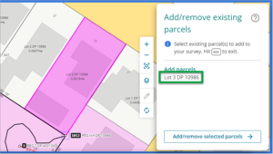 Add/remove existing parcels panel with lot number highlighted