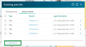 Existing parcels panel with 'add record' button highlighted