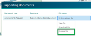 Supporting documents panel with one entry selected and dropdown menu showing with 'Replace file' option highlighted