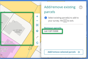 Add/remove existing parcels panel with lot number crossed out and lot highlighted