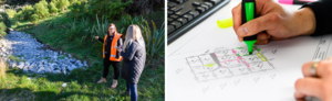 Left image: person in hi-vis jacket inspecting a site, right image: person highlighting a survey plan