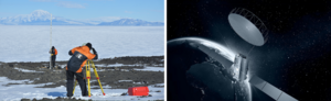 Left image: two surveyors working in an Antarctic landscape, right image: a satelite over Earth