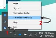 Screenshot of Windows toolbar. Step 1 shows the blue Citrix icon and Step 2 shows the Advanced Preferences option in the dropdown menu.