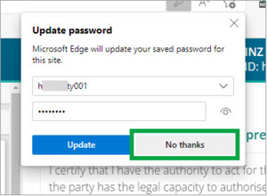 Screenshot of Update password message box, with the button on the right 'No thanks' highlighted