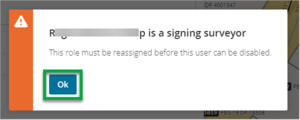Screenshot of warning message reassign signing surveyor role