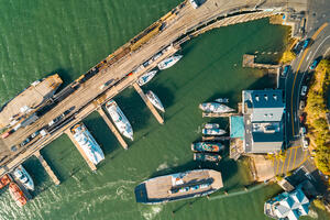Aerial view of a marina with boats