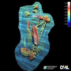3D image of the dredge Korua in pieces on the seafloor