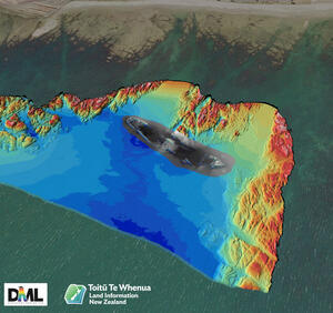 The wreck of a ship appears next to features from the coast and seafloor. Overlaid with Discovery Marine Ltd and LINZ logos