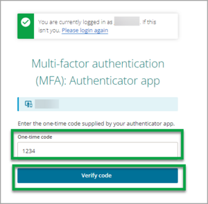 Shows where to enter the one-time code from your authenticator app into the one-time code field when setting up multi-factor authentication.