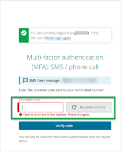Code incorrect warning for wrong SMS or phone number used for MFA