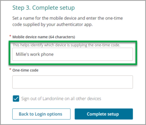 Shows the field to enter your device name for multi-factor authentication when using an authenticator app for Landonline log ins