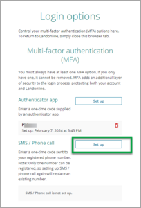 Login options screen showing 2 options for MFA: authenticator app and SMS/Phone call. Highlighted is the Set up button next to SMS/Phone call.