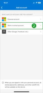 Showing Work or School account selected in Microsoft Authenticator app