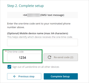 Highlights field to enter one-time code from SMS or phone call when setting up MFA for Landonline