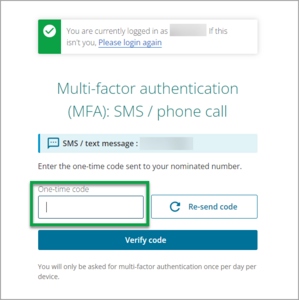 MFA screen for SMS/Phone call that appears when you log into Landonline and you have this as your MFA