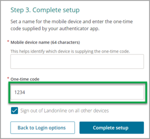 Shows where to enter the one-time code from your authenticator app into the one-time code field when setting up multi-factor authentication.