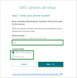 This is the SMS/Phone call setup screen for MFA. Highlighted is the field to add your phone number and the radio buttons to choose your contact mode.