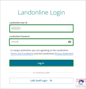 Shows fields to enter Landonline User id and password on Landonline Login page