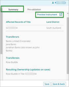 Summary screen for transfer. Highlighted is the preview instrument button. The summary screen lists the title, transferors, transferees and resulting ownership
