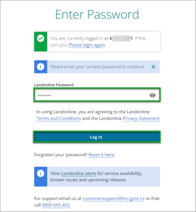 Shows the Enter Password screen. Highlighted is the field to enter your Landonline password.