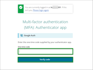 Shows MFA screen to add one-time code. This example shows Google as the authenticator app and highlights where to enter the one-time code on the screen