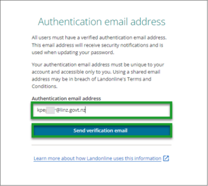 Shows the authentication email address screen. Highlighted is where to add your authentication email and the button to send verification email.