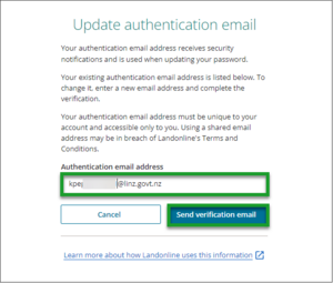 Update authentication email screen. Highlighted is where to enter your unique authentication email