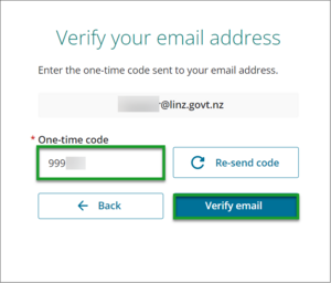 Verify your email address screen. Highlighted is the One-time code box. The box has numbers representing what a one-time code may look like.