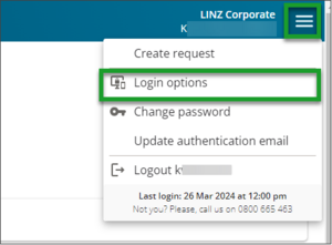 Shows right-hand menu on New Landonline screen with drop-down menu. Highlighted is the link to Login options