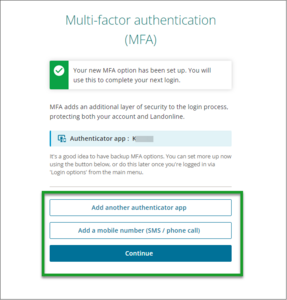MFA screen showing options to continue or add backup options. The first option is add another authenticator app, the second is add a mobile number and the third button is Continue