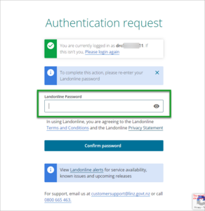 Authentication request screen. Highlighted is the field to enter your Landonline password.