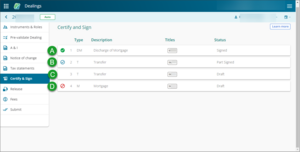 Example of types of signing statuses for instruments when you certify and sign