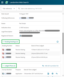 Screenshot from Landonline showing the new Pending dealings feature