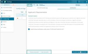 Example of up or down arrows and buttons to navigate to next instrument to sign.