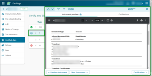 Example of how to select an instrument to sign when the instrument preview panel is out.