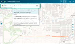 Screenshot showing how to search by road names in Landonline