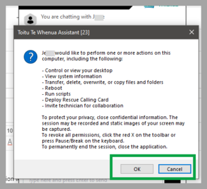 The Agree and Cancel buttons, where you will give your approval for a customer agent to connect to your computer