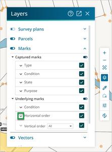 Layers panel in the Survey app. The arrow beside 'Horizontal order' is highlighted, which sits below 'Underlying marks'