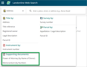 Landonline screenshot showing the options for supporting documents described in the text