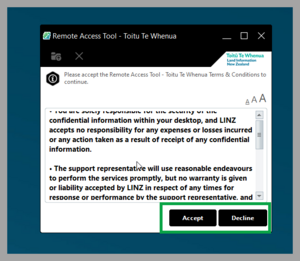 The accept and decline buttons for the Remote access Terms and Conditions.