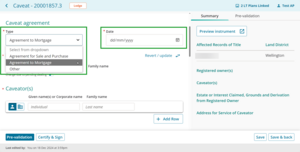 Dropdown menu for caveat type and date field