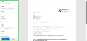 Print options pop up.