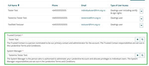 Trusted contact and system manager fields