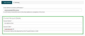 Current account details fields.