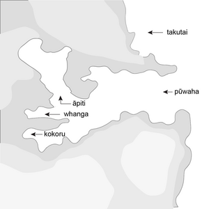 Drawing of a coastline with a harbour and bays. 