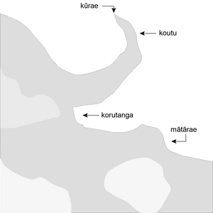 Drawing of a coastline with a peninsula, a small rounded promontory and a bight between the two. 