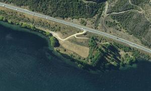 Aerial view of part of the shore of Lake Dunstan