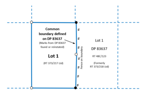 Two adjacent lots with a common boundary. On the left, Lot 1 (RT 373/217 Ltd) has a solid outline indicating it is the land being surveyed. Text inside Lot 1 reads: 'Common boundary defined on DP 83637 (Marks from DP 83637 found or reinstated)' with an arrow pointing to the boundary line on the righthand side of Lot 1. The right lot is labelled Lot 1 DP 83637, RT 48C/123 (formerly RT 373/218 Ltd). A fence is shown along the common boundary between the two lots. Dashed lines indicate the remaining boundaries