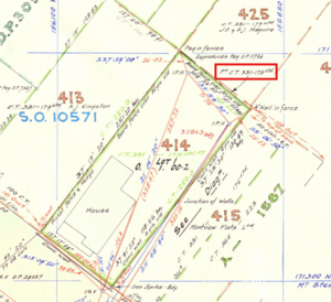 Diagram showing portion of historic survey plan DP 32488 (Wellington) in various colours as was required in the past. Lot 1 is shown with a solid outline and a green border. There is a small triangle parcel adjacent to the top end of Lot 1. An arrow points from the text 'Pt C.T. 331-175 Ltd’, highlighted in a red box, to the triangle parcel.