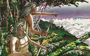 Illustrated scene of two figures in traditional attire standing on a lush, green hillside surrounded by dense foliage. One figure is seated holding a long staff with a carved ornament, while the other stands and points toward a distant snow-capped mountain rising above a sea of white clouds under a purple-hued sky.